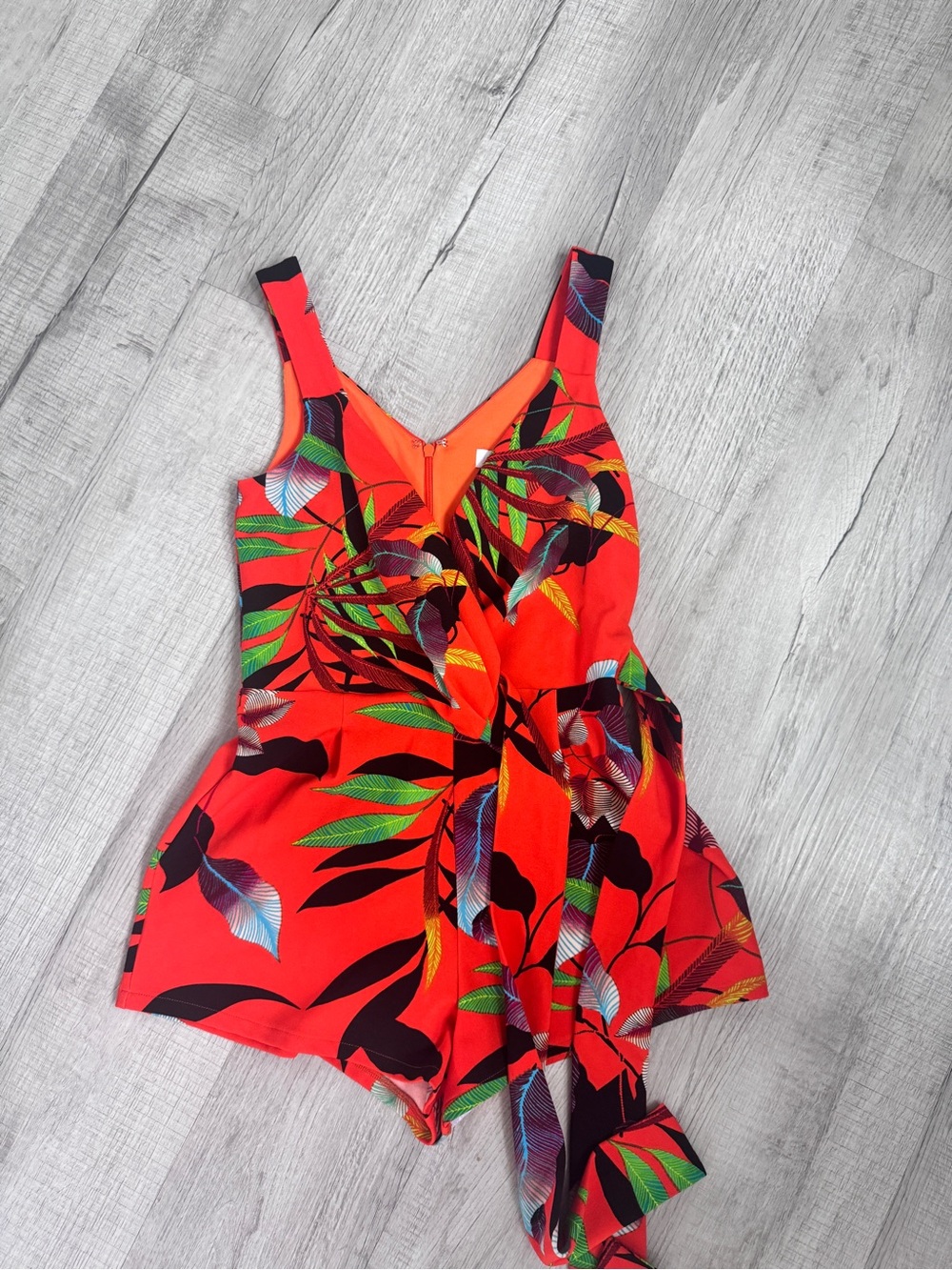 Great Jones Tropical Floral Romper - orange & Green Palm Leaf Print - Size Small